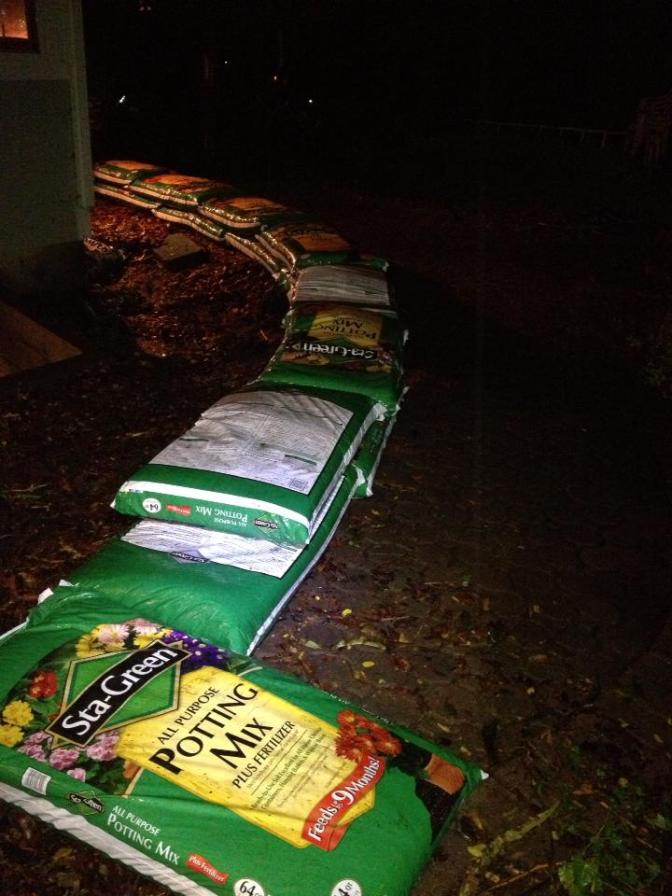 After I got to England, my dad built this barricade with bags of potting soil. It was a good idea!