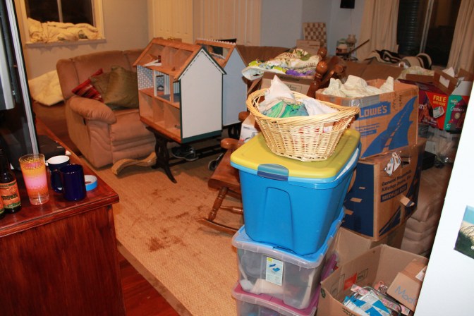 First movement of all the stuff, away from the windows. Most of this had to be moved upstairs. 