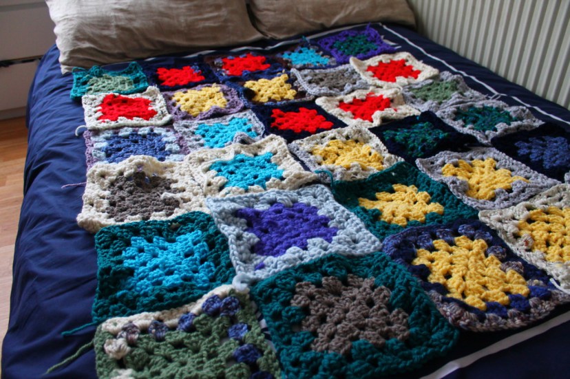 It will cover a full-sized bed when finished.