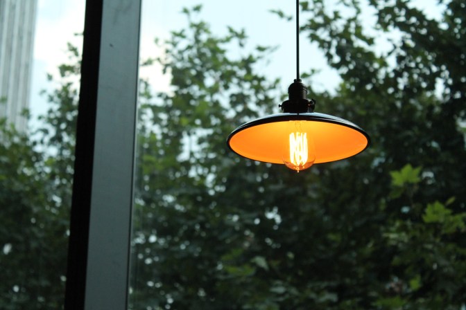 Something only a bartender would notice--well-polished squirrel cage lightbulbs. 